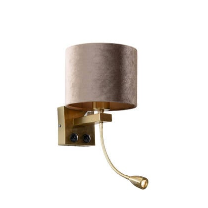 QAZQA Wandlamp brons met velours kap taupe 18cm - Brescia Combi afbeelding