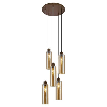 QAZQA Hotel Chique hanglamp donker brons met amber glas 5-lichts - afbeelding