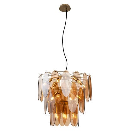 QAZQA Art Deco hanglamp goud met amber glas ovaal 14-lichts - Mochan afbeelding
