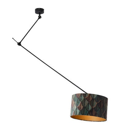 QAZQA Hanglamp zwart met velours lampenkap blad dessin met gouden afbeelding