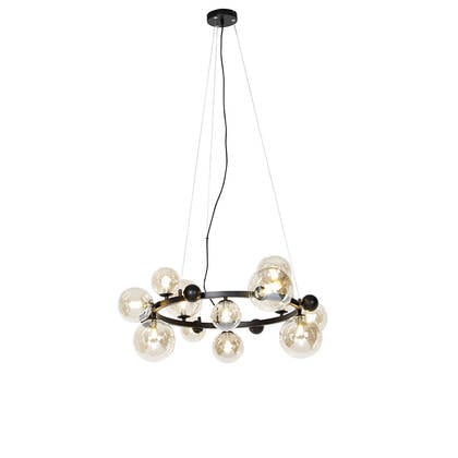 QAZQA Smart hanglamp zwart met amber glas 12-lichts incl. 12 Wifi G9 afbeelding