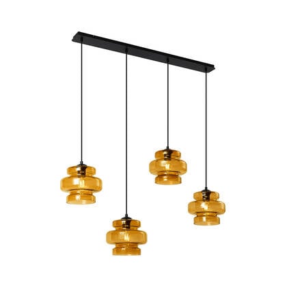 QAZQA Retro hanglamp zwart met oranje glas 4-lichts - Denise afbeelding