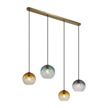 QAZQA Hanglamp brons met smoke amber en groen glas langwerpig afbeelding