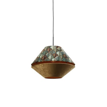 QAZQA Hanglamp zwart met dubbele velours lampenkap blad dessin en afbeelding