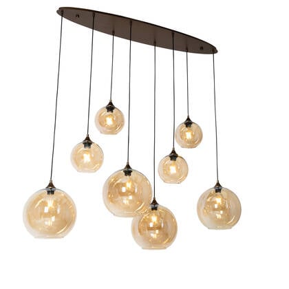 QAZQA Smart hanglamp donkerbrons met amber glas ovaal 8-lichts incl. afbeelding