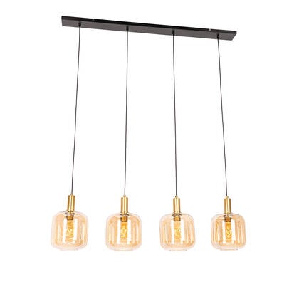 QAZQA Smart hanglamp zwart met messing en amber glas 4-lichts incl. 4 afbeelding