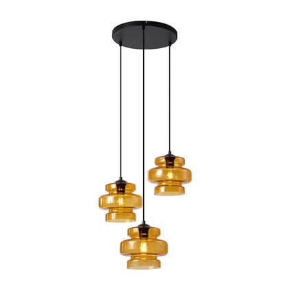 QAZQA Retro hanglamp zwart met oranje glas 3-lichts - Denise afbeelding