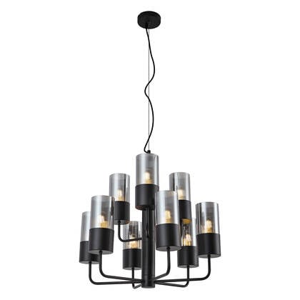 QAZQA Moderne kroonluchter zwart met smoke glas 9-lichts - Laura afbeelding