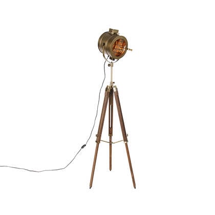 QAZQA Smart tripod vloerlamp brons met hout studiospot incl. Wifi A60 afbeelding