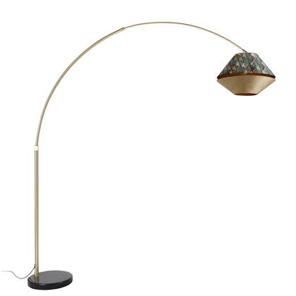 QAZQA Booglamp messing met dubbele velours kap blad dessin en beige - afbeelding