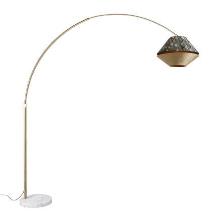 QAZQA Booglamp messing met wit met dubbele velours kap blad dessin en afbeelding