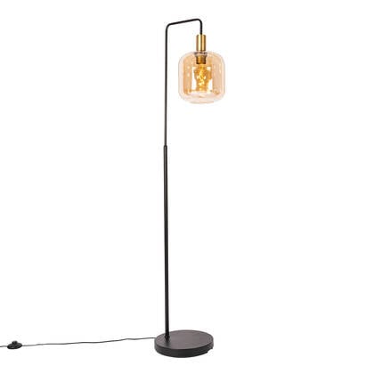 QAZQA Smart vloerlamp zwart met messing en amber glas incl. Wifi G95 afbeelding