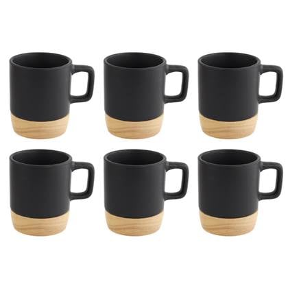 OTIX Espresso Kopjes Zwart Set van 6 met Bamboe Onderzetter