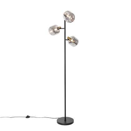 QAZQA Vloerlamp zwart met goud met smoke glas 3-lichts - Zuzanna Grijs