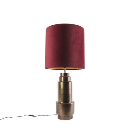 QAZQA Art deco tafellamp brons velours kap rood met goud 40 cm -