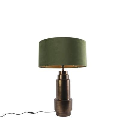 QAZQA Art deco tafellamp brons velours kap groen met goud 50 cm -