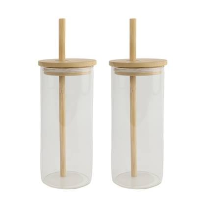 OTIX Drinkglazen met Bamboo Deksel met Rietje 2 Stuks 400 ml Waterg...