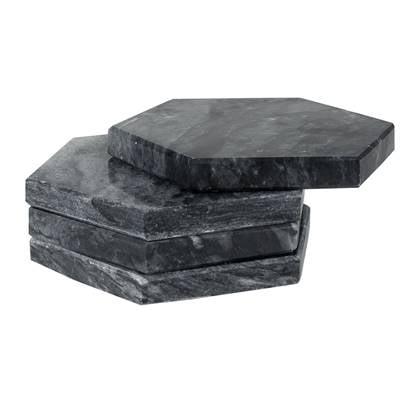 QUVIO Glasonderzetter Hexagon - Marmer - Zwart - set van 4 Antraciet