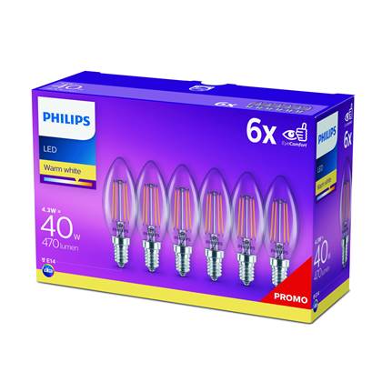 Energiezuinige Philips LED Kaars Transparant- 40 W - E14 - warmwit licht - 6 stuks - Bespaar op energiekosten
