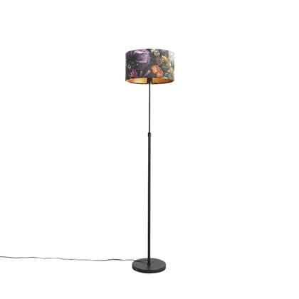 QAZQA Vloerlamp zwart met velours kap bloemen 35 cm - Parte