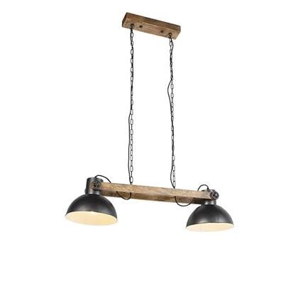 QAZQA Industriële hanglamp donkergrijs met mango hout 2-lichts -