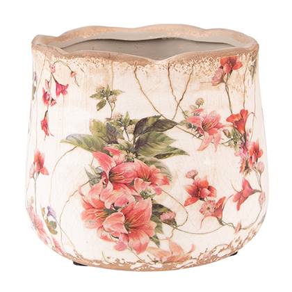 Clayre & Eef Bloempot Ø 13x11 cm Roze Beige Keramiek Bloemen Bloempot