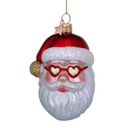 Ornament glass red santa w/heart glasses H10cm