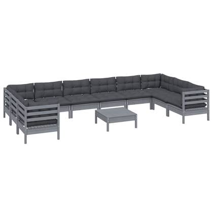 vidaXL 11-delige Loungeset met kussens grenenhout grijs