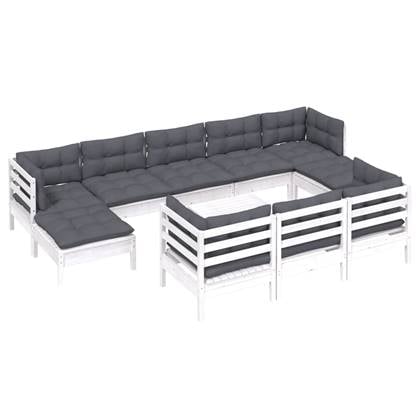 vidaXL 11-delige Loungeset met kussens massief grenenhout wit