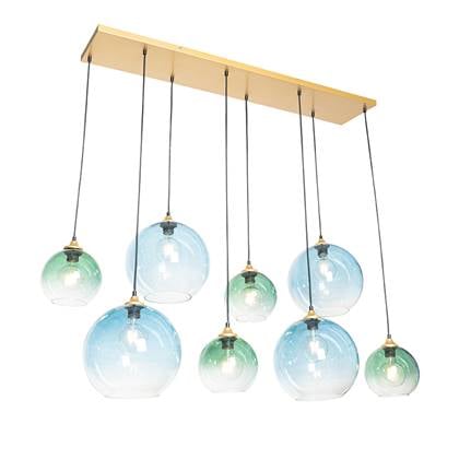 QAZQA Hanglamp messing met blauw en groen glas 8-lichts - Sandra