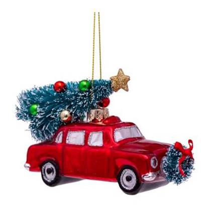 Glazen kerst decoratie rode auto met kerstboom H5.5cm
