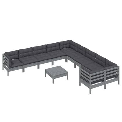 vidaXL 11-delige Loungeset met kussens grenenhout grijs